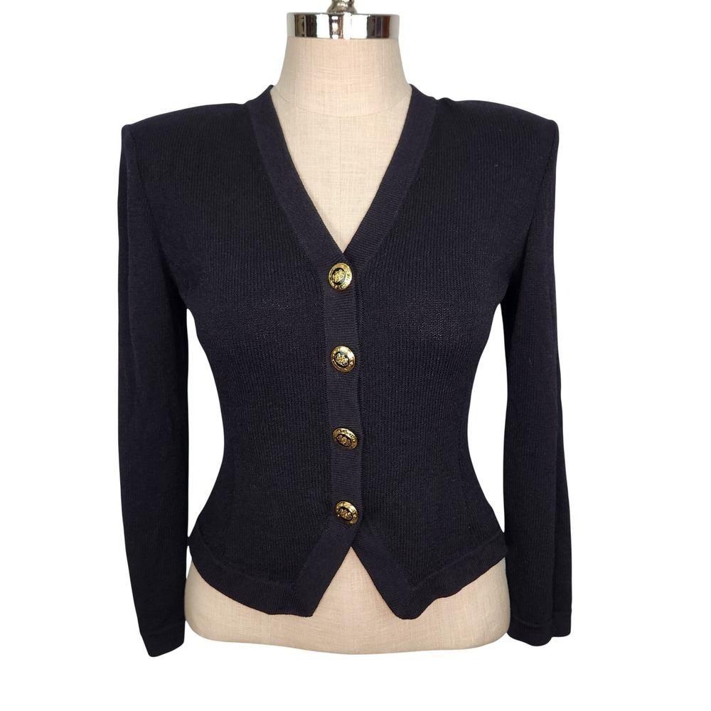St John Basics Black Santana Knit V-Neck Cardigan Gold Crest Button Jacket Small